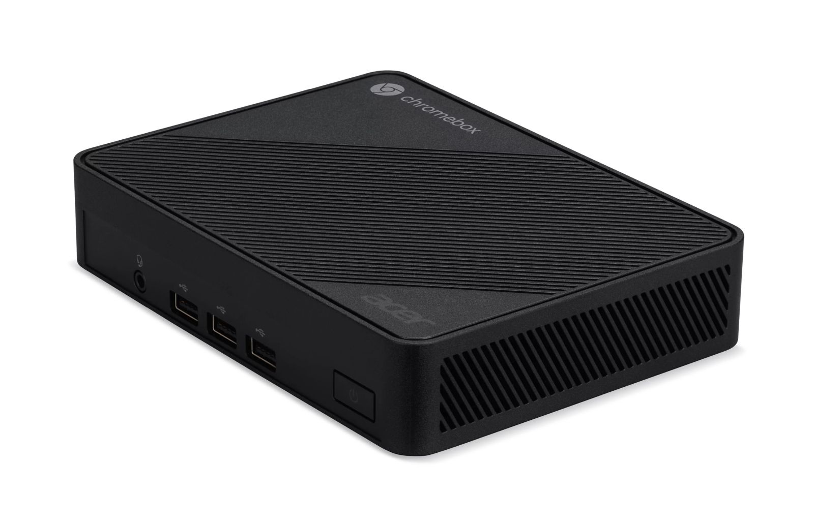 Schwarze Acer Chromebox auf weißem Hintergrund mit USB-Anschlüssen und Power-Button.