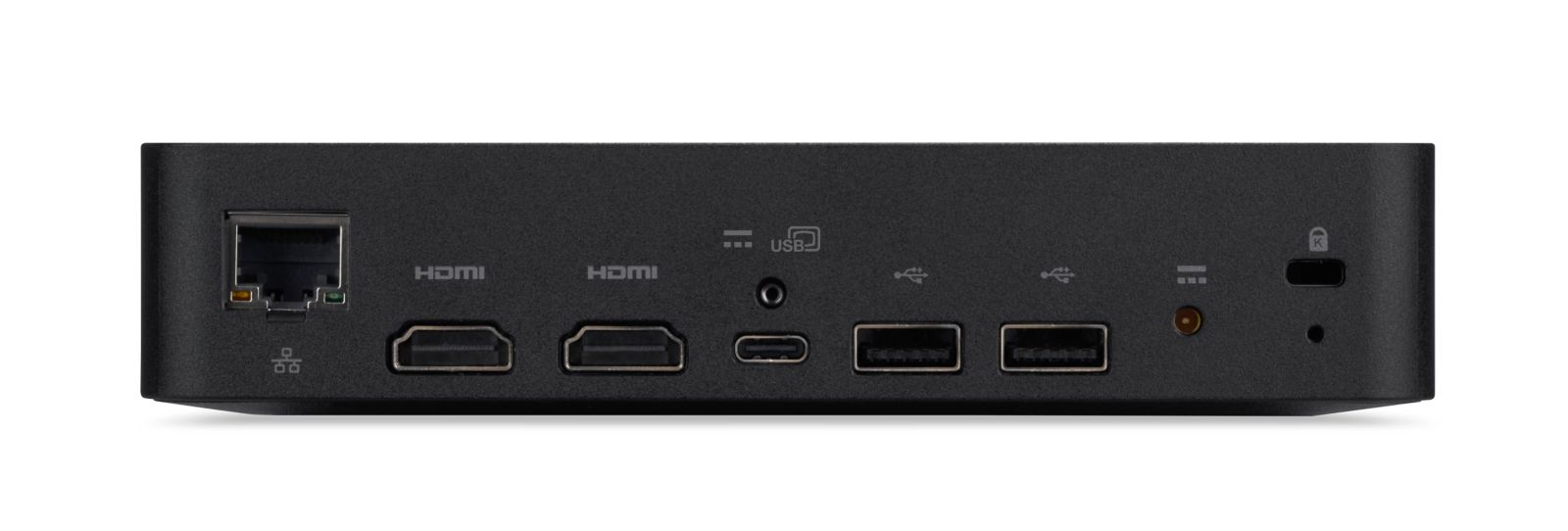 Rückseite eines schwarzen elektronischen Geräts mit Ethernet-, HDMI-, USB-C- und USB-A-Anschlüssen.