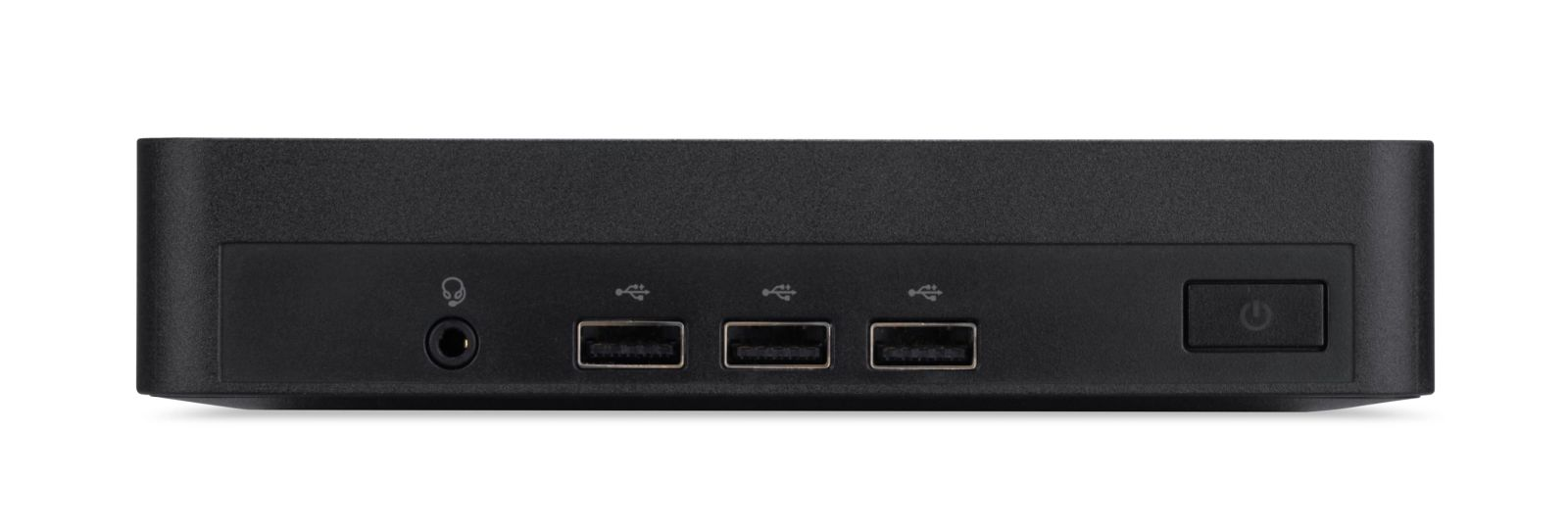 Vorderseite eines schwarzen Elektronikgeräts mit Kopfhörerbuchse, drei USB-Anschlüssen und Einschalttaste.