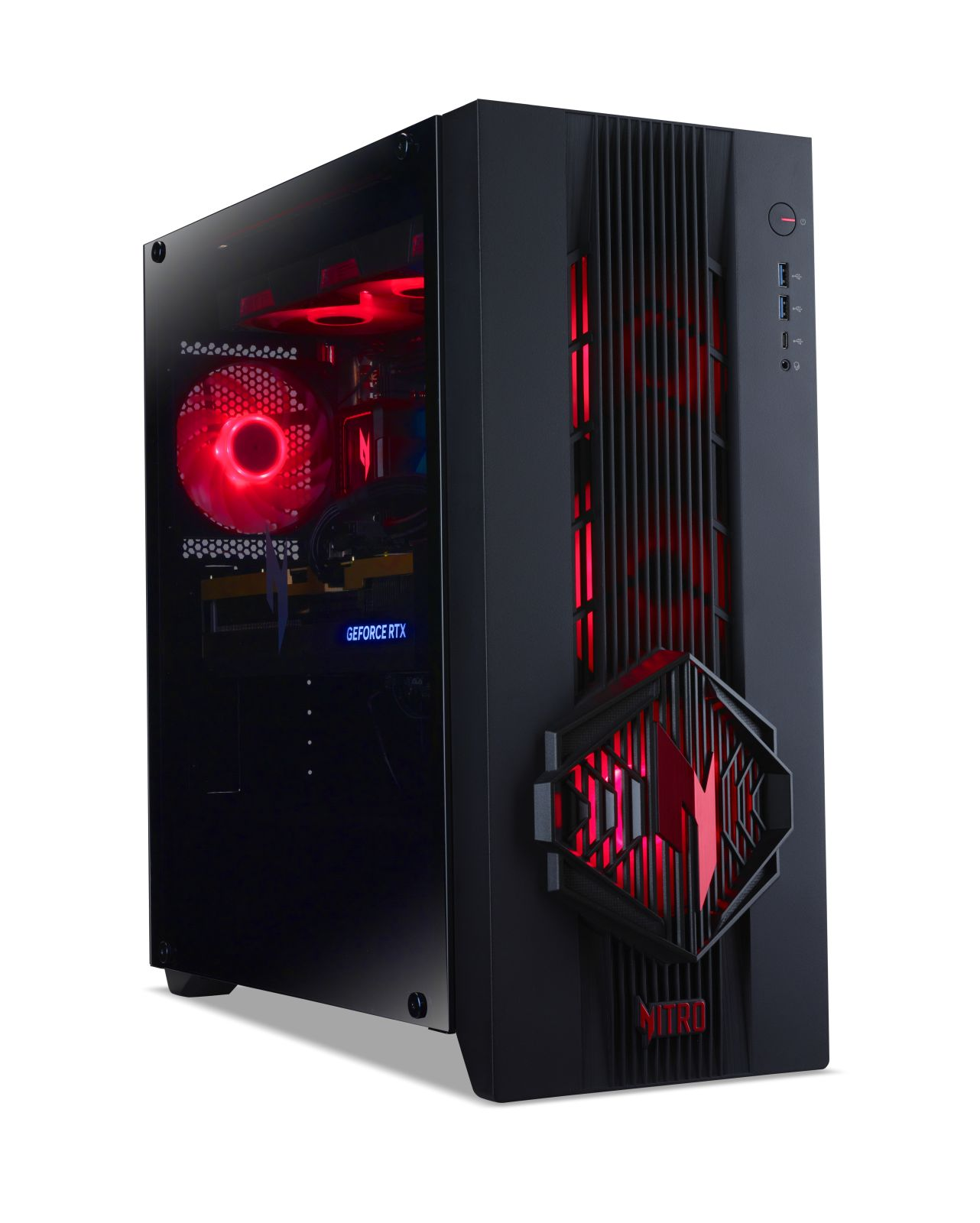 Schwarzer Gaming-PC-Tower mit roter Innenbeleuchtung und Glasseitenwand auf weißem Hintergrund.