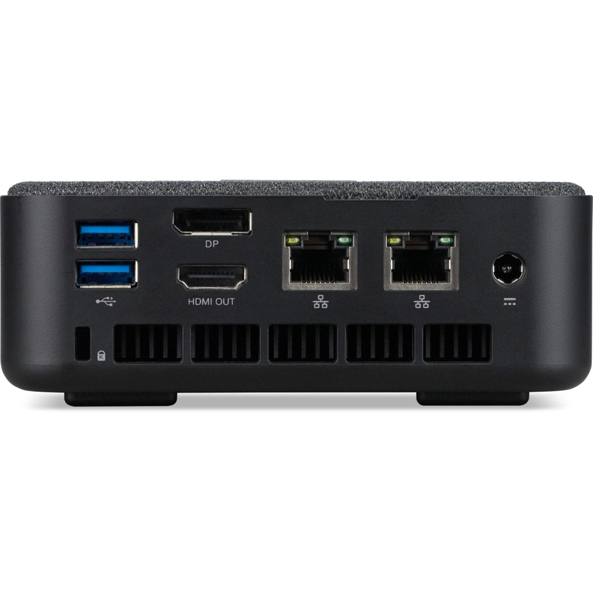 Rückseite eines schwarzen Mini-PCs mit USB-, HDMI-, Ethernet-Ports und Netzteilanschluss.
