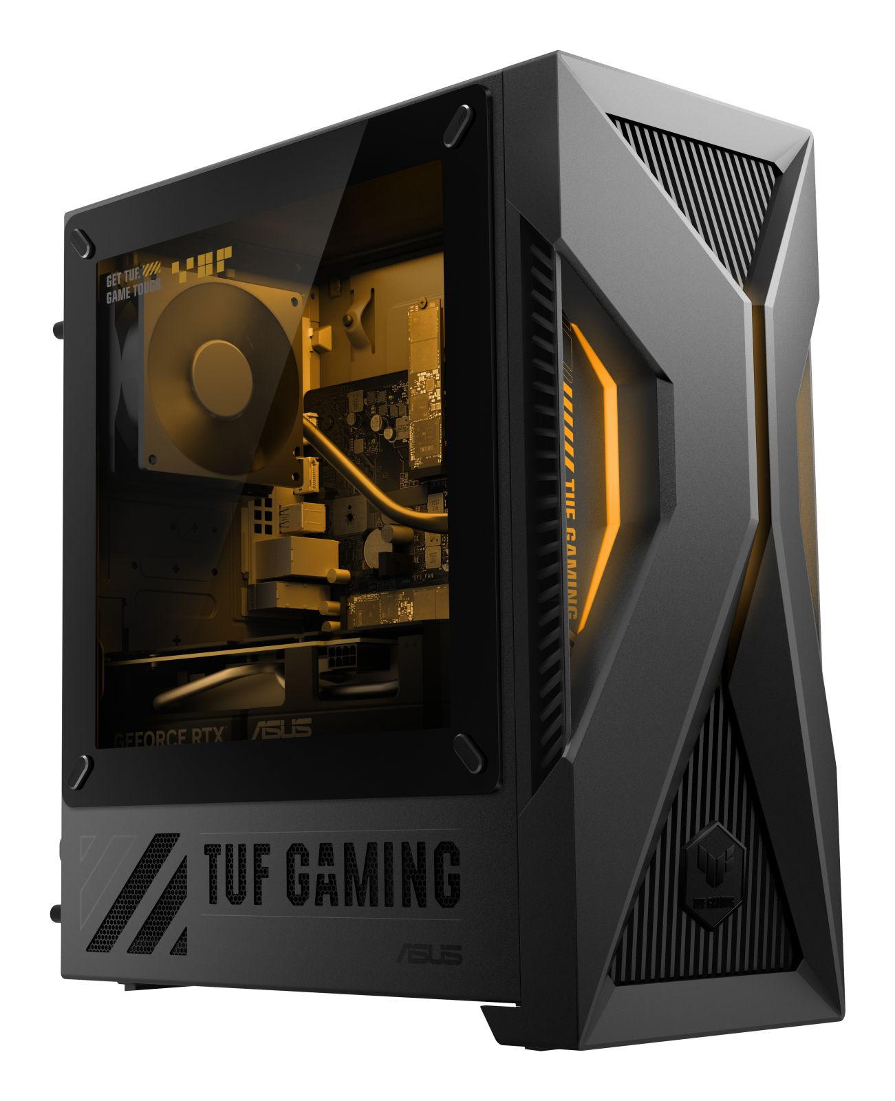 Schwarzer Asus TUF Gaming PC-Tower mit Glasfenster, gelber Beleuchtung und sichtbaren internen Komponenten.