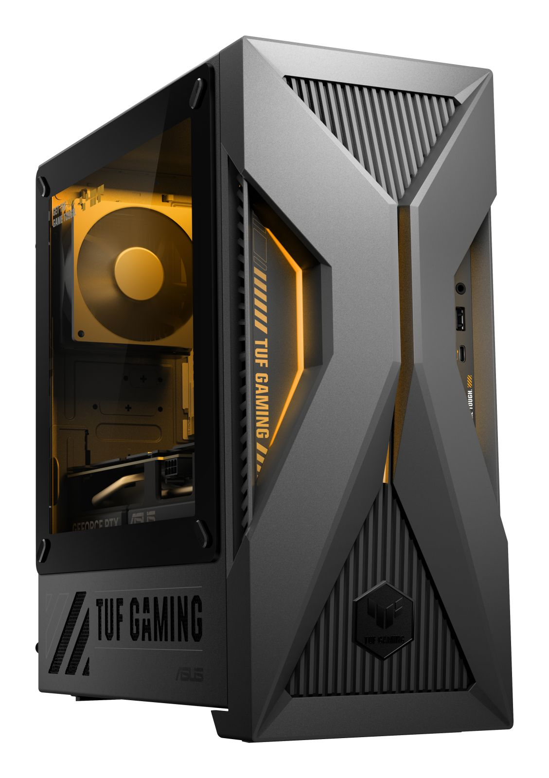 Grauer Asus TUF Gaming PC-Tower mit Seitenfenster und gelber Beleuchtung.