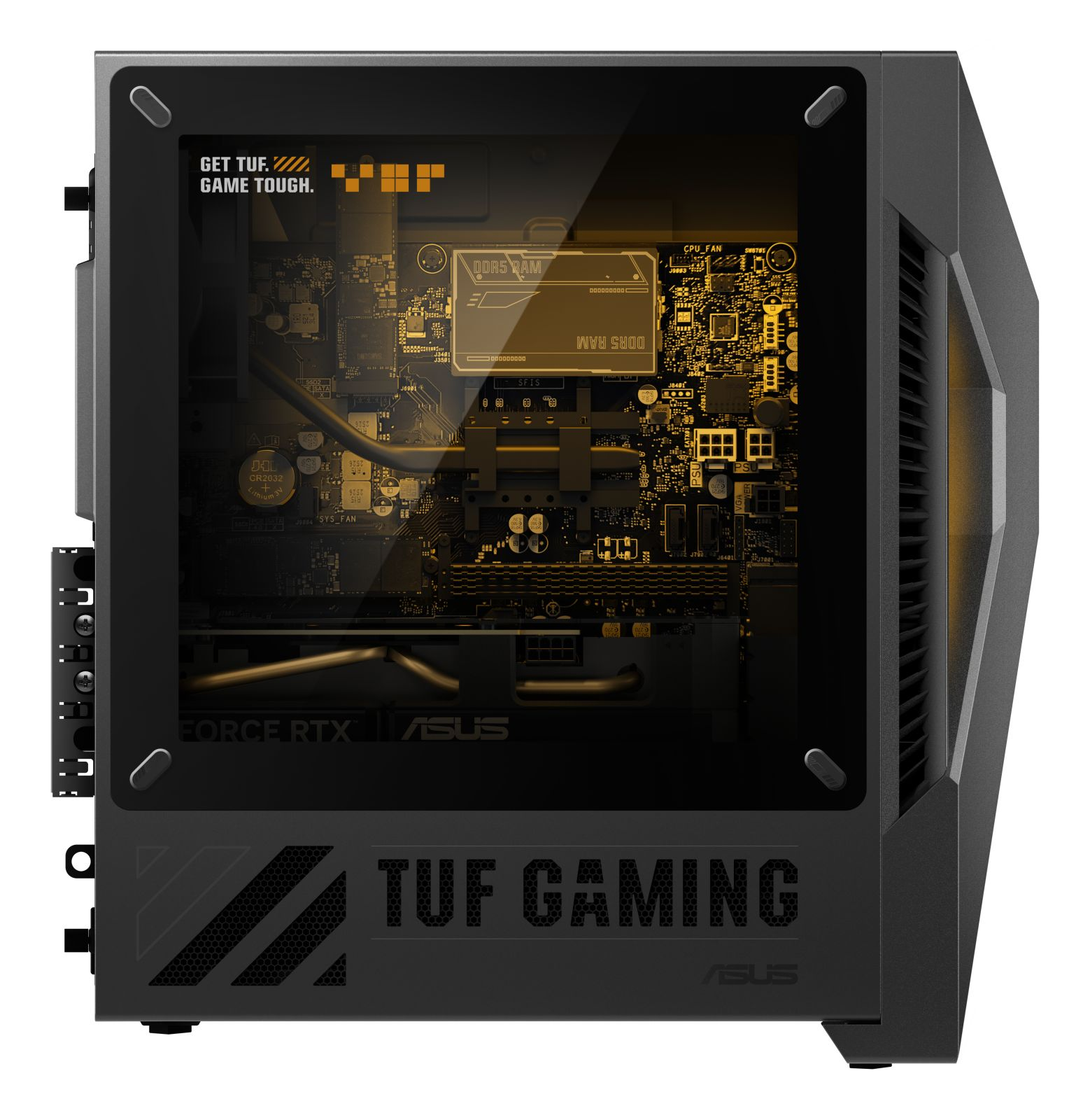 Ein schwarzer TUF Gaming PC mit Glasfenster zeigt goldfarbene Mainboard-Komponenten und den TUF-Schriftzug.