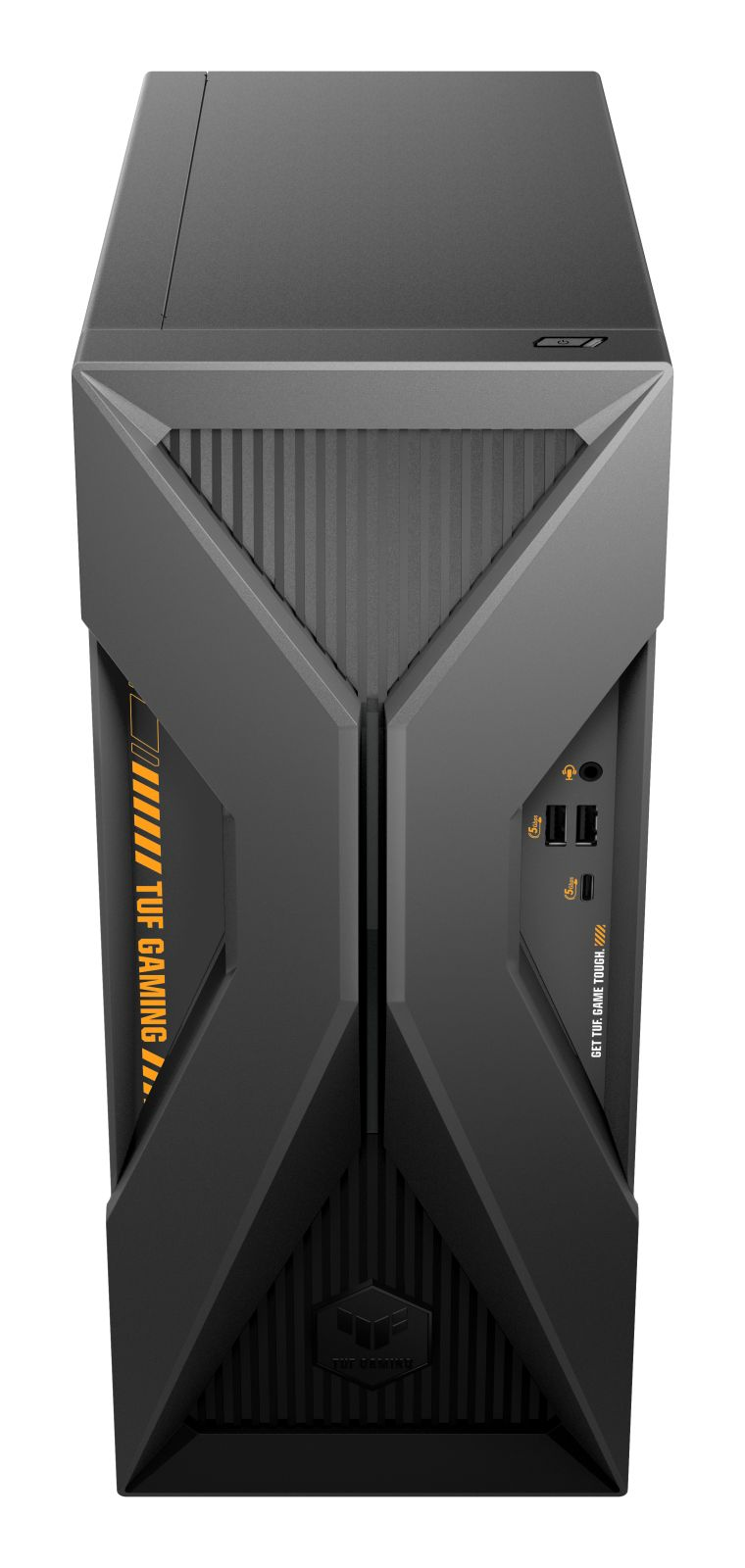 Frontansicht eines grauen ASUS TUF Gaming PC-Gehäuses mit orangefarbenen Akzenten und Anschlüssen.