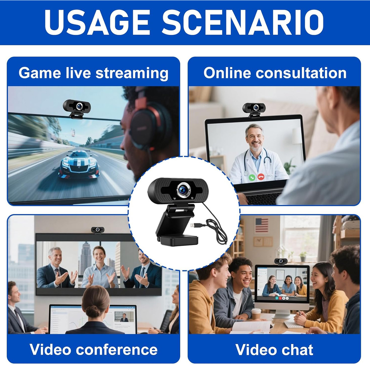 Eine schwarze Webcam mit Anwendungszenarien wie Streaming, Online-Beratung, Videokonferenz und Video-Chat.