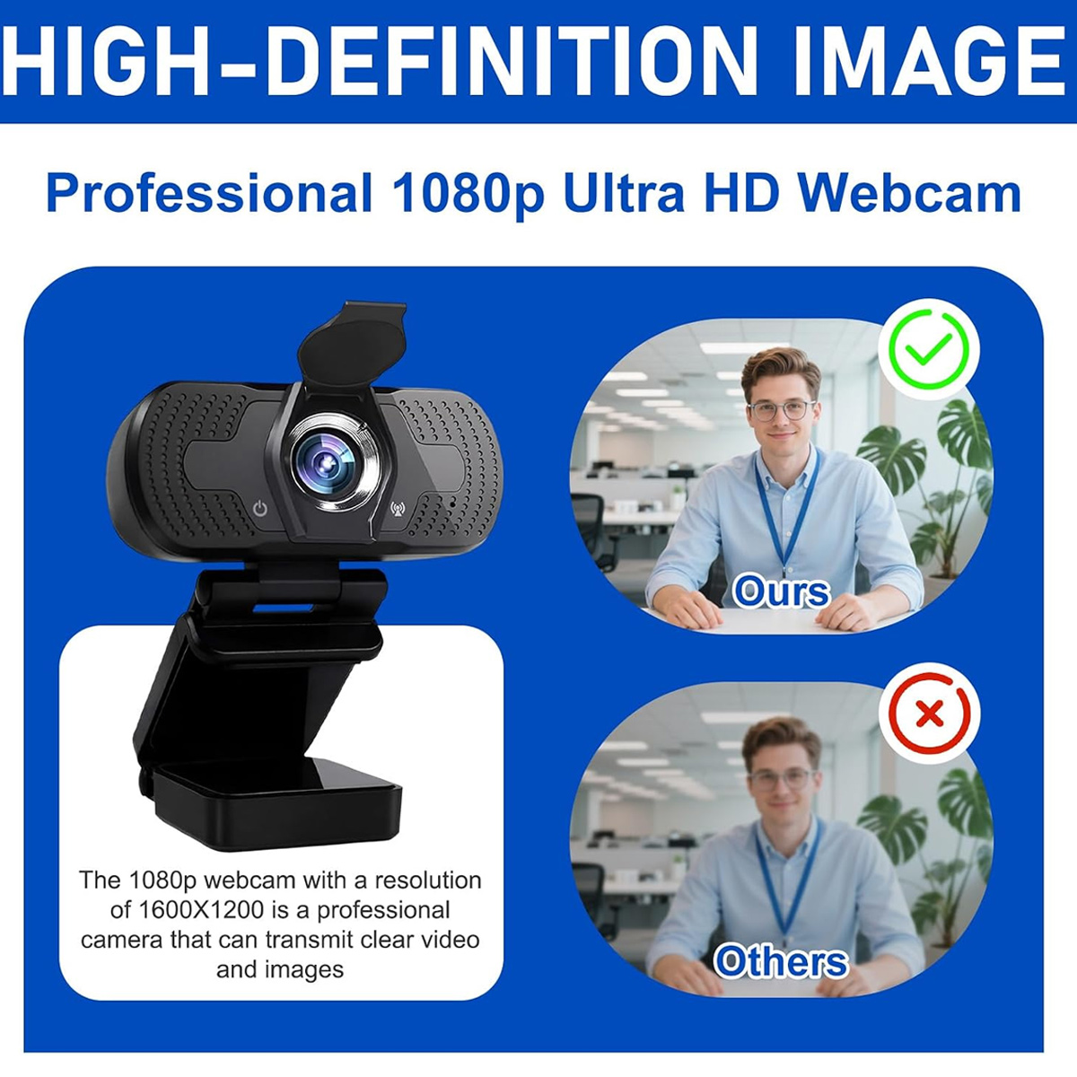 Professionelle 1080p Webcam mit klarem Bildvergleich zwischen 'Ours' mit grünem Haken und 'Others' mit rotem Kreuz.