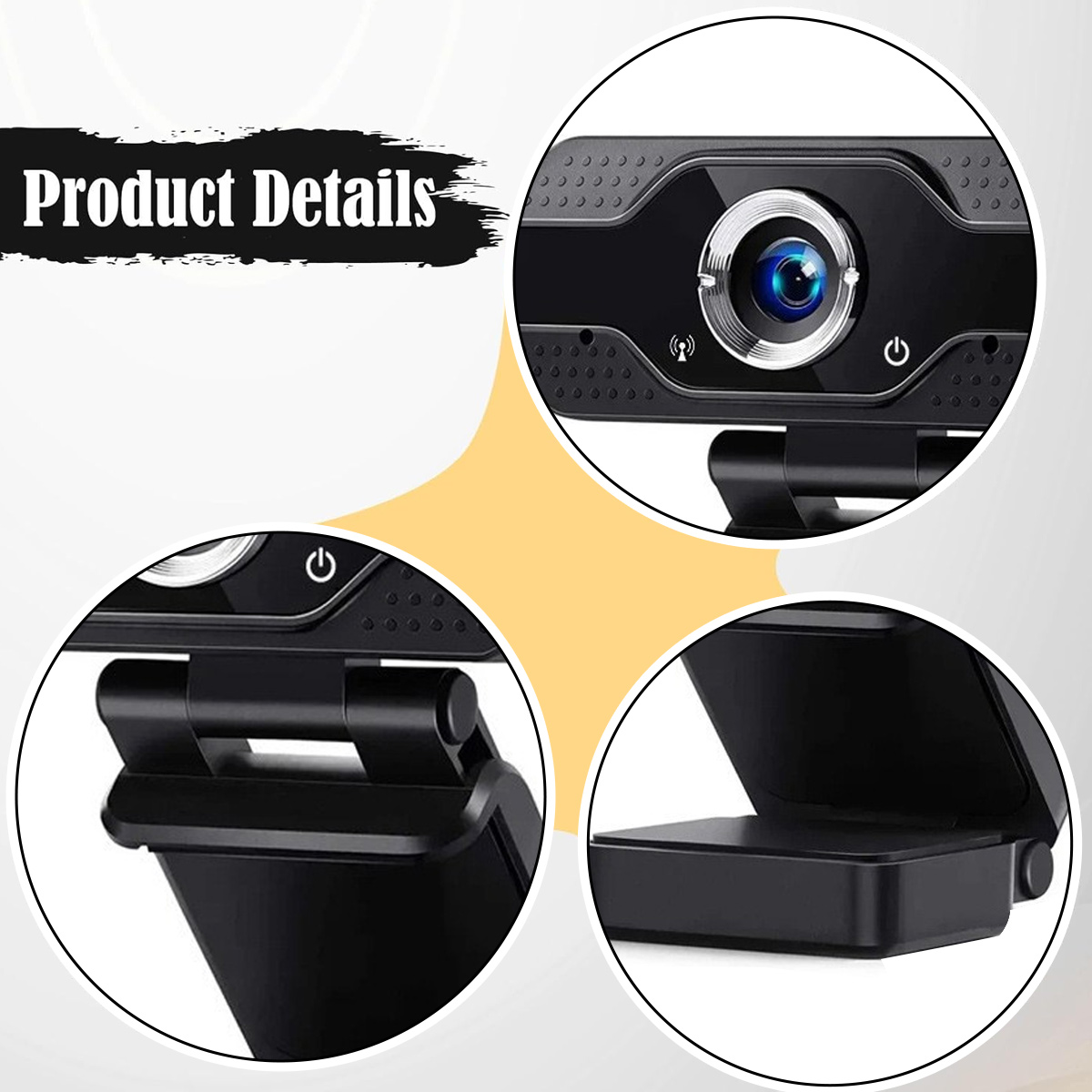 Produktdetails einer schwarzen Webcam mit Fokus auf Linse, Halterung und Standfuß in drei Kreisen.