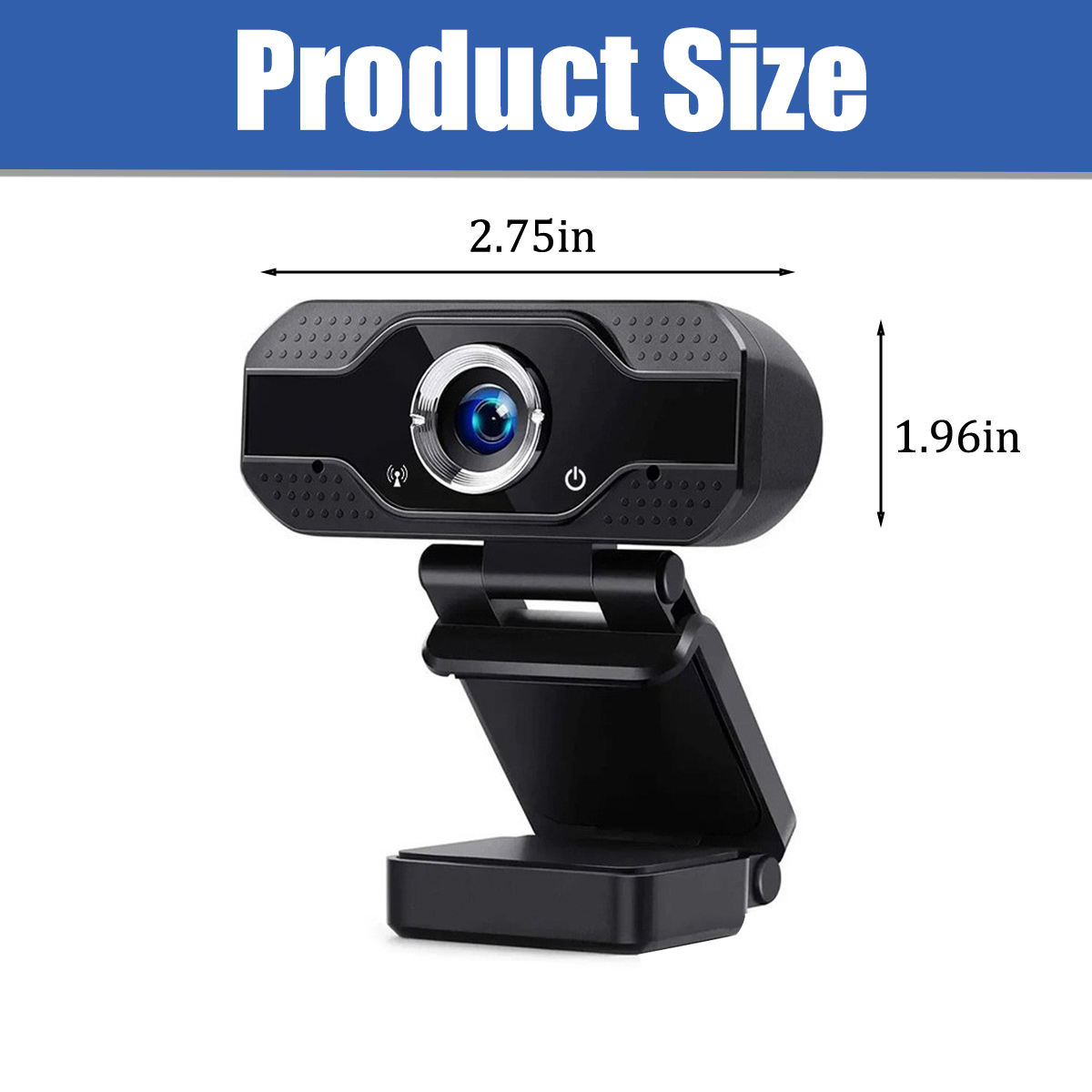 Schwarze Webcam mit Standfuß, 2.75in breit und 1.96in hoch.