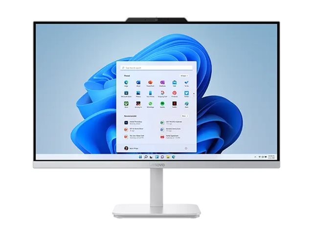 Ein weißer Lenovo All-in-One-Computer zeigt das Windows 11 Startmenü vor blauem Hintergrund.