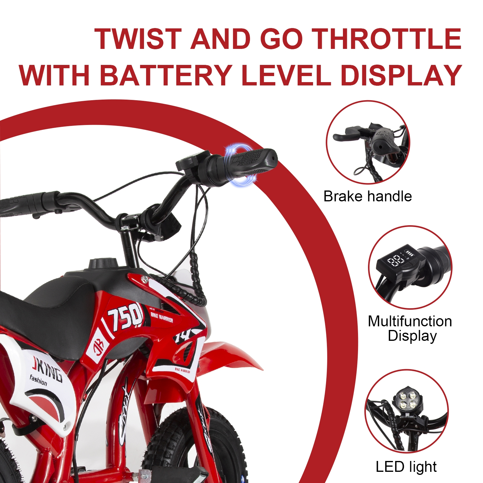 Una moto rossa per bambini con acceleratore, display batteria, freno e luce LED.