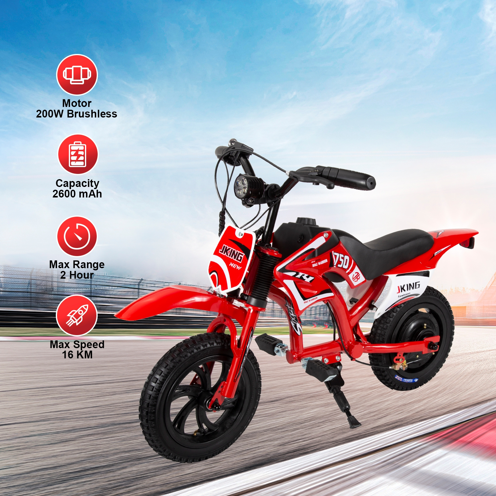 Una bici elettrica rossa per bambini davanti a una pista con specifiche a sinistra.