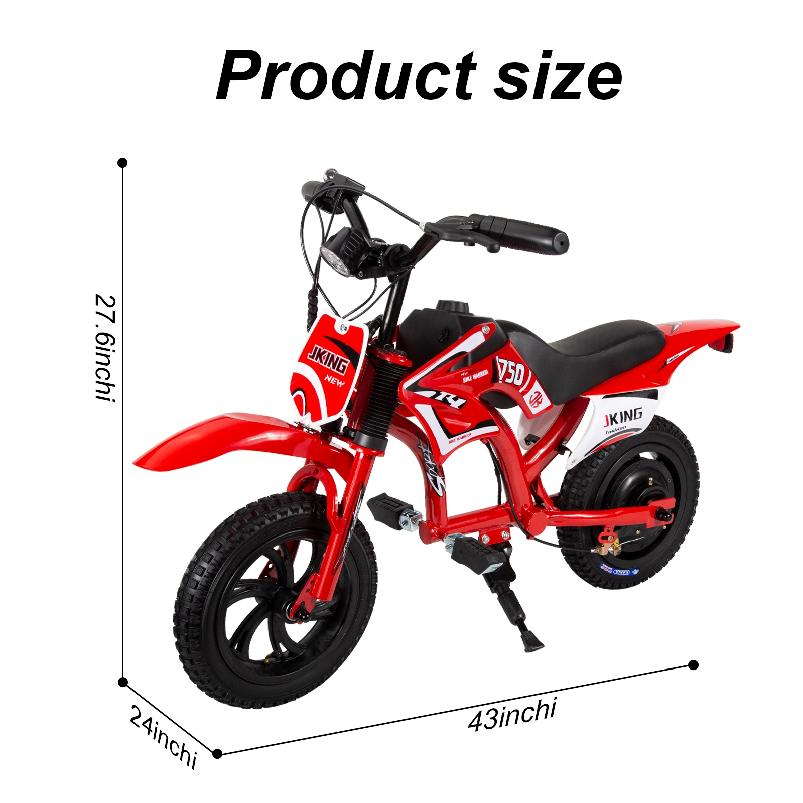Una bici per bambini rossa stile moto da cross con dimensioni.