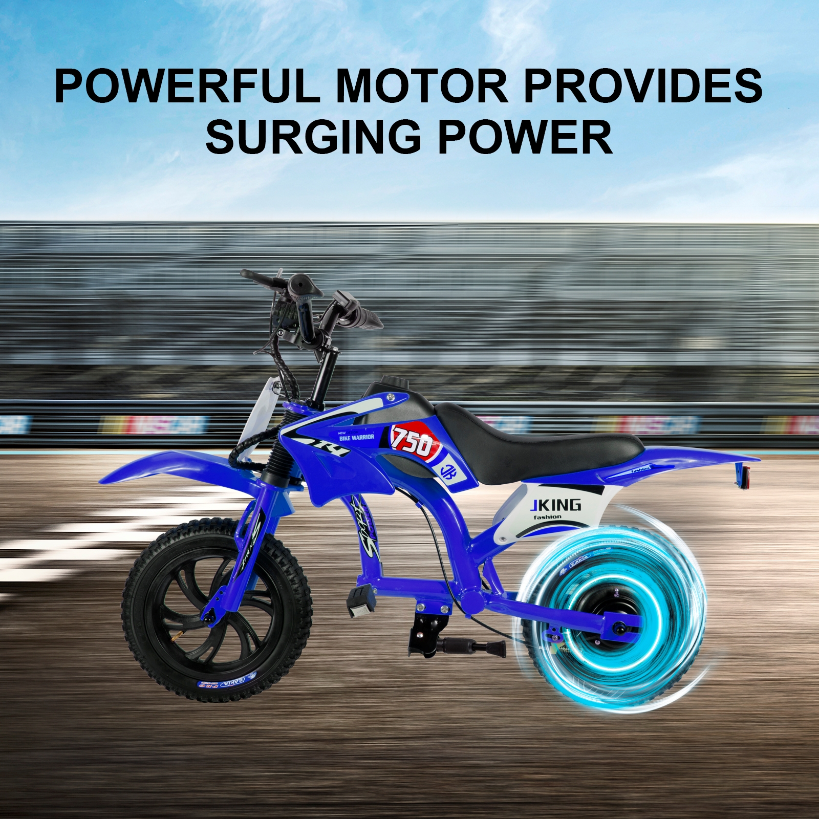 Una moto da cross blu per bambini con ruota posteriore luminosa su una pista da gara e cielo nuvoloso.
