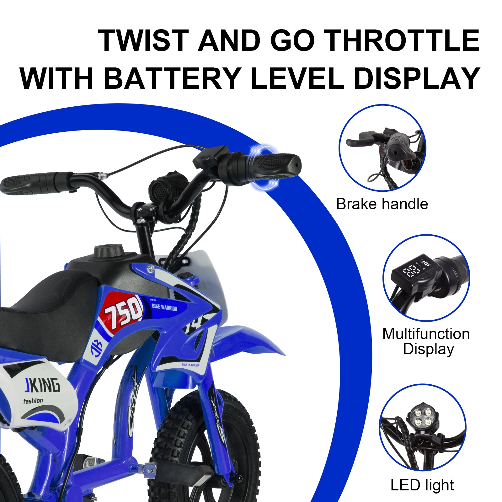 Primo piano di una minimoto blu per bambini con manubrio, acceleratore, leva del freno e display.