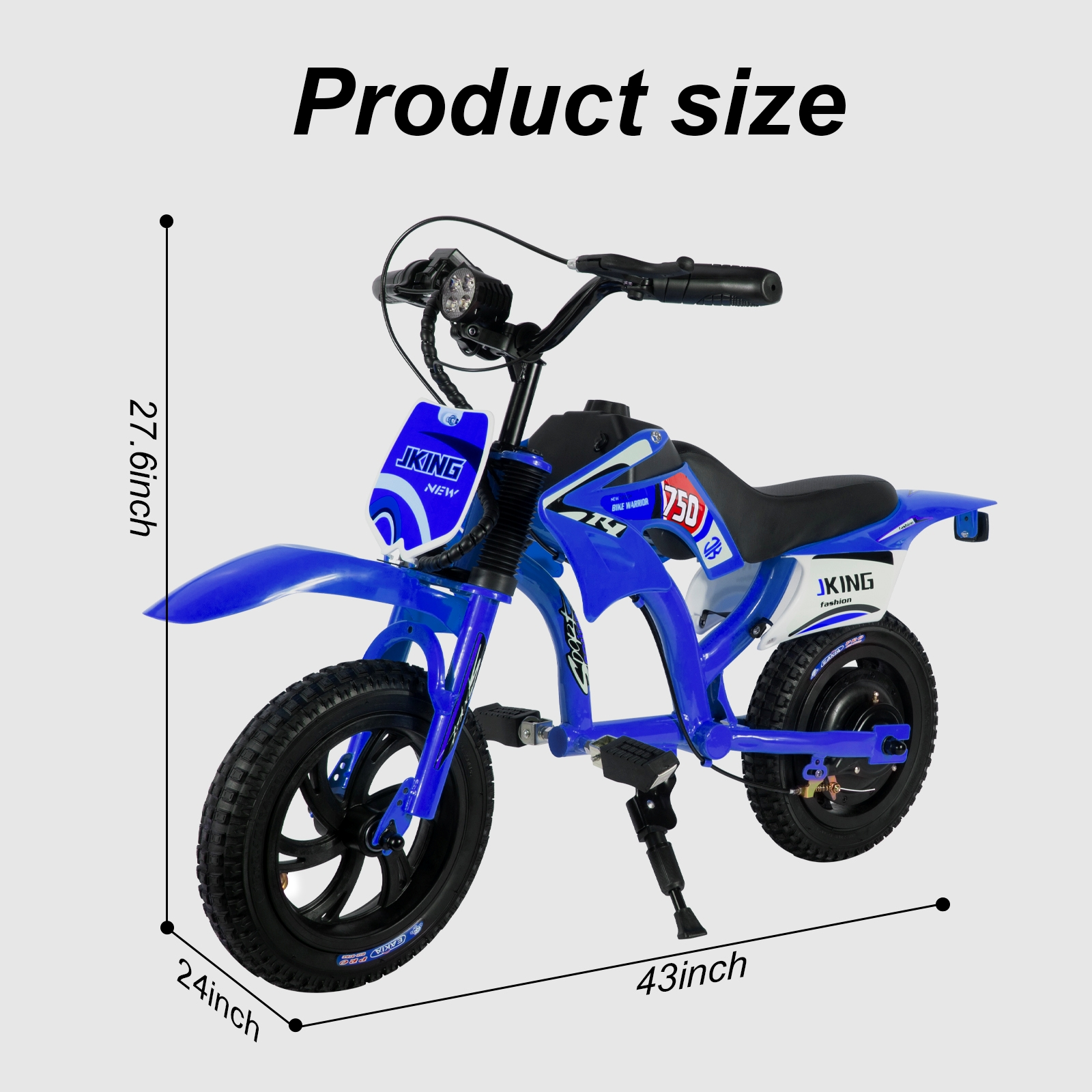 Una bici per bambini blu stile moto con dimensioni etichettate di 43 pollici di lunghezza e 27.6 di altezza.