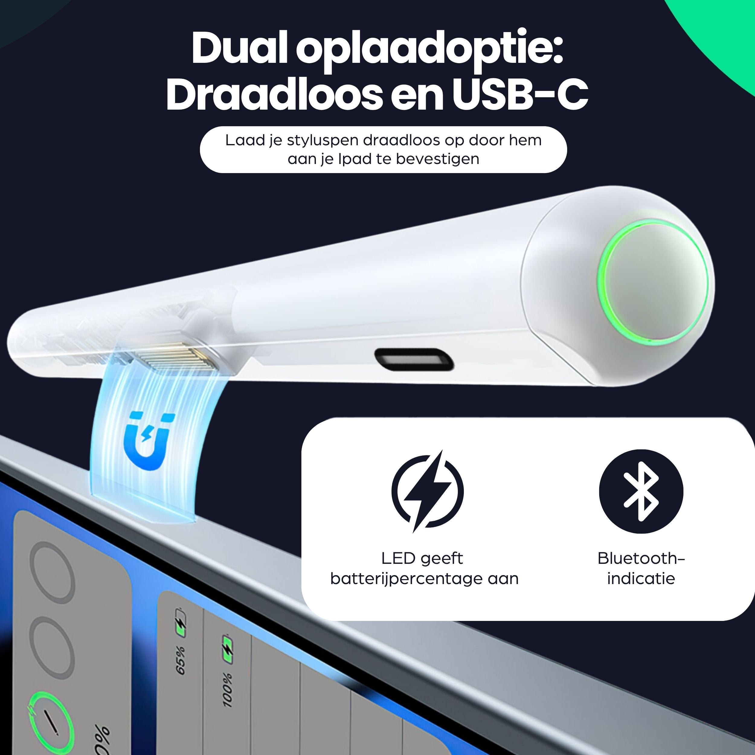 Stylet avec charge sans fil et USB-C, fixation magnétique pour iPad et indicateur LED.