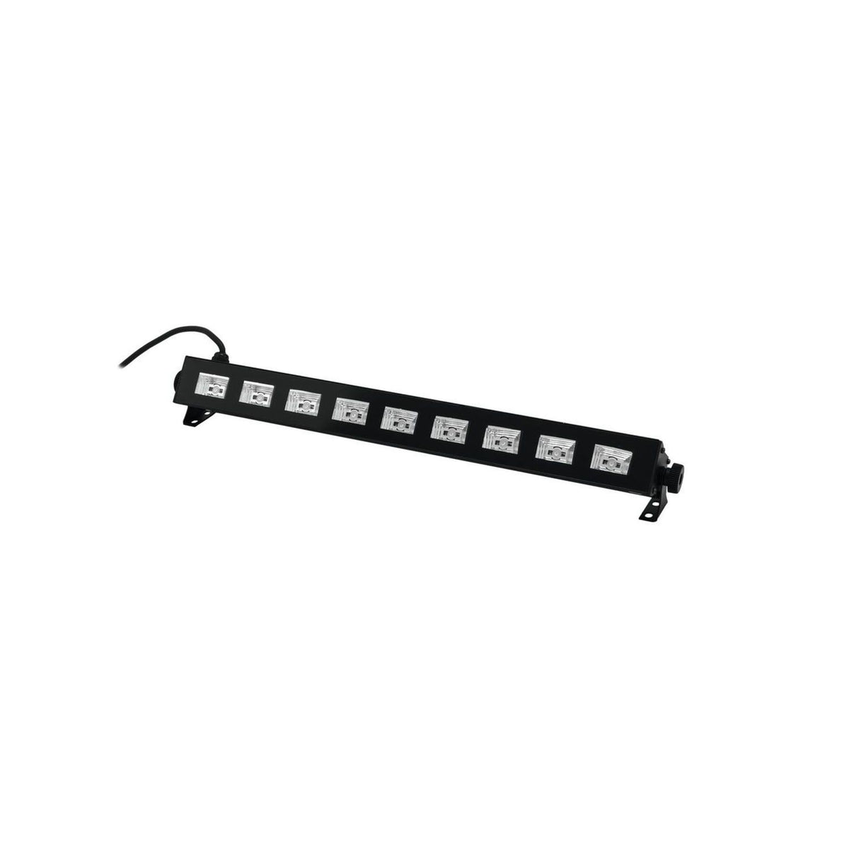 Eine schwarze LED-Lichtleiste mit zehn quadratischen Linsen auf weißem Hintergrund.