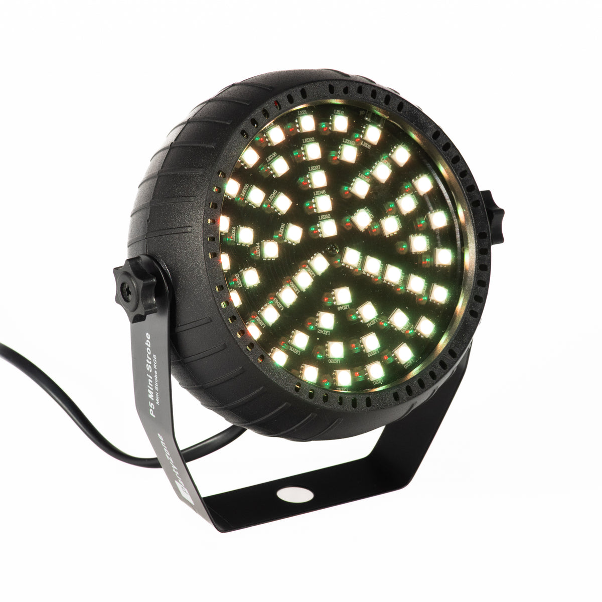 Schwarzer Mini-LED-Stroboskopstrahler mit vielen leuchtenden LEDs in einem Metallständer vor weißem Hintergrund.
