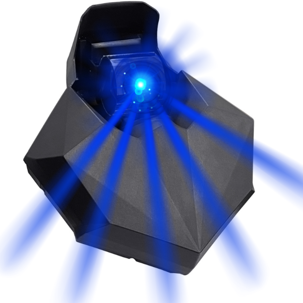 Ein schwarzes geometrisches Projektorgerät strahlt helle blaue Lichtstrahlen vor weißem Hintergrund aus.