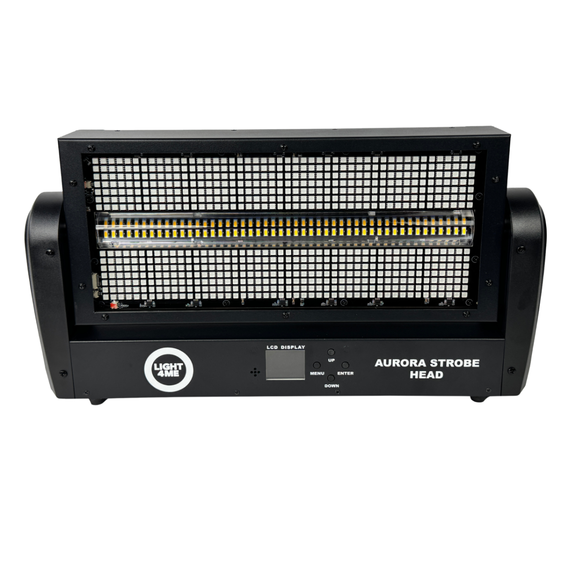 Schwarzer Aurora Strobe Head LED-Scheinwerfer mit Display und integrierter Röhre auf weißem Hintergrund.
