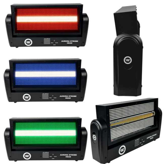 Aurora Strobe Head Scheinwerfer aus verschiedenen Winkeln und in Rot, Blau und Grün leuchtend.