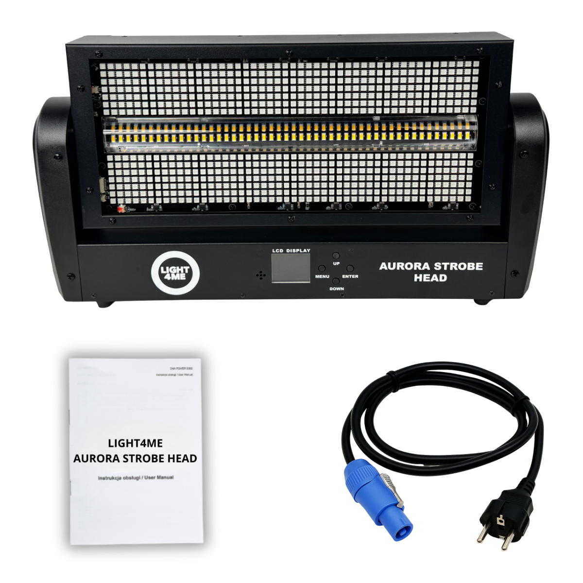 Ein Light4Me Aurora Strobe Head mit Handbuch und Netzkabel.