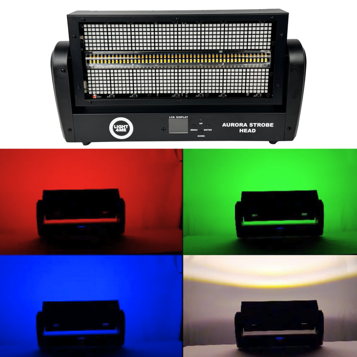 Aurora Strobe Head Lichteffektgerät mit LED-Matrix in vier bunten Farben.