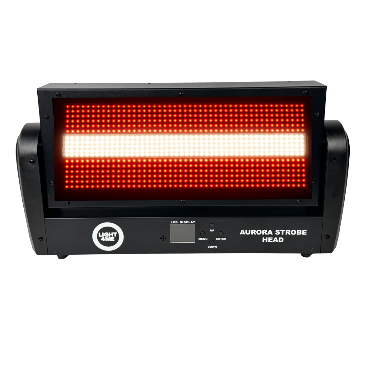 Schwarzer Aurora Strobe Head LED-Scheinwerfer mit rot leuchtendem Panel und weißem Querstreifen.