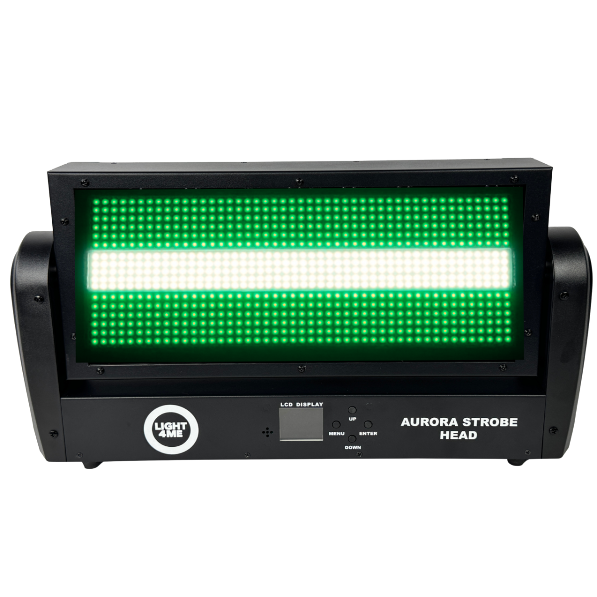 Schwarzer Aurora Strobe Head mit grün leuchtendem LED-Panel und Display.