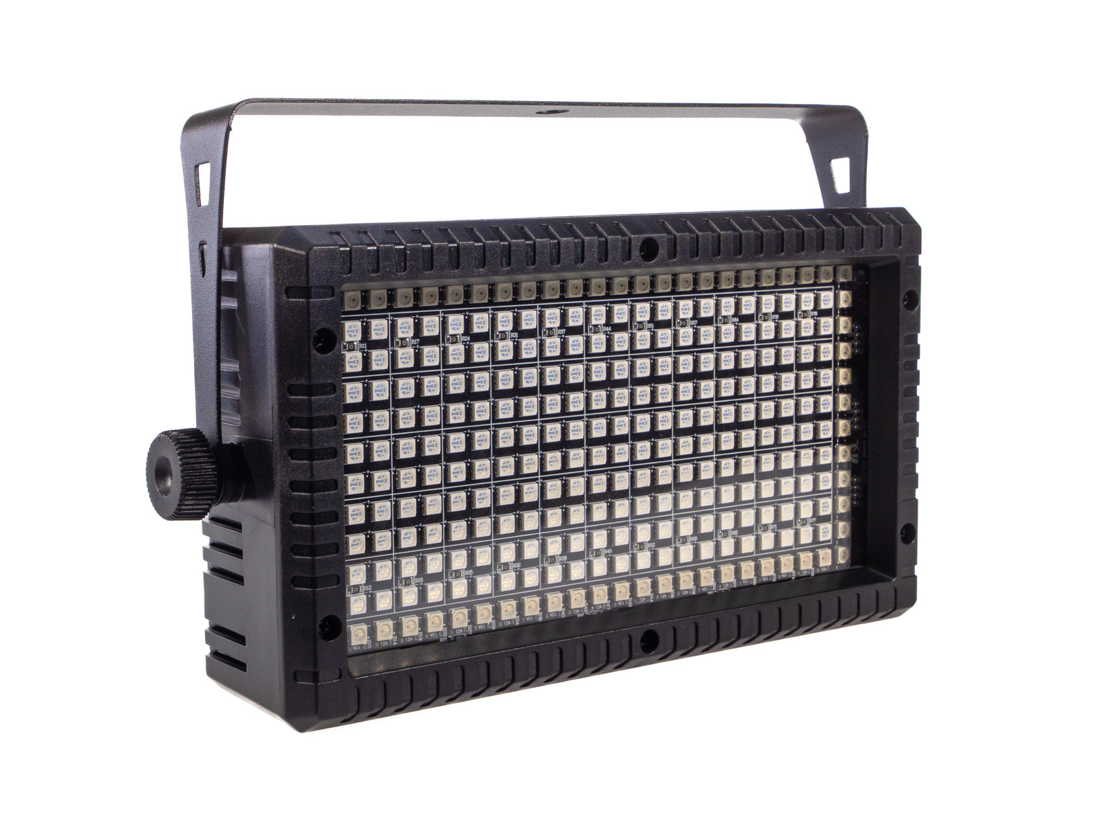 Schwarzes LED-Strahlerpanel mit integriertem Montagebügel vor weißem Hintergrund.