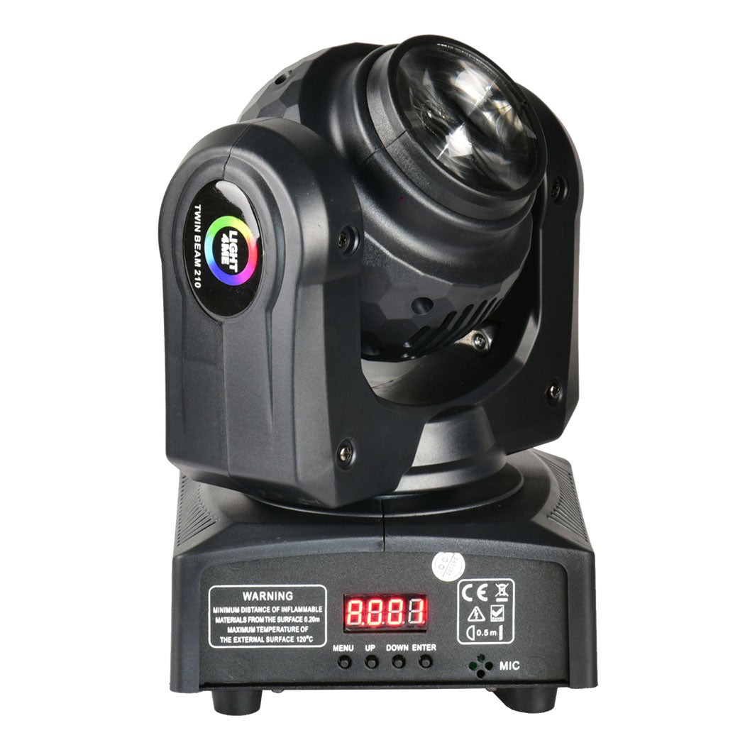 Schwarzer Moving Head LED-Bühnenscheinwerfer mit digitalem Display und Warnhinweisen.