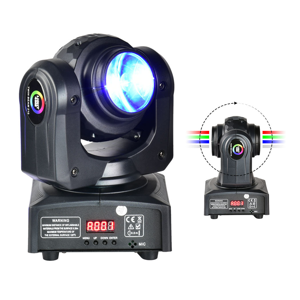 Schwarzer LED-Moving-Head-Scheinwerfer mit blauem Lichtstrahl auf weißem Hintergrund.