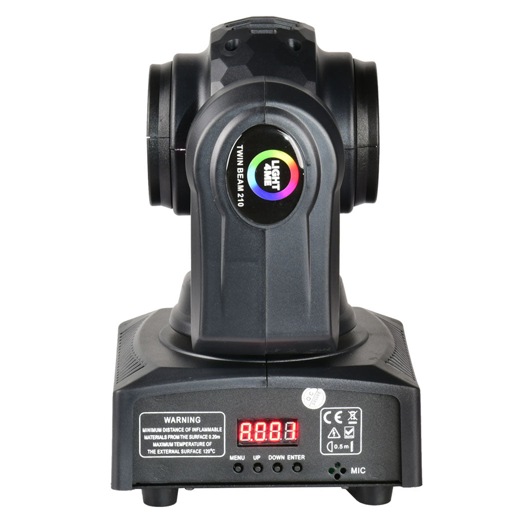 Schwarzer Twin Beam 210 Moving Head mit Digitaldisplay und Regenbogenlogo auf weißem Hintergrund.