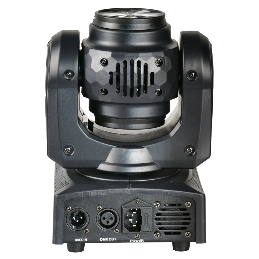 Ein schwarzer Moving-Head-Bühnenscheinwerfer mit DMX- und Stromanschlüssen auf einem weißen Hintergrund.