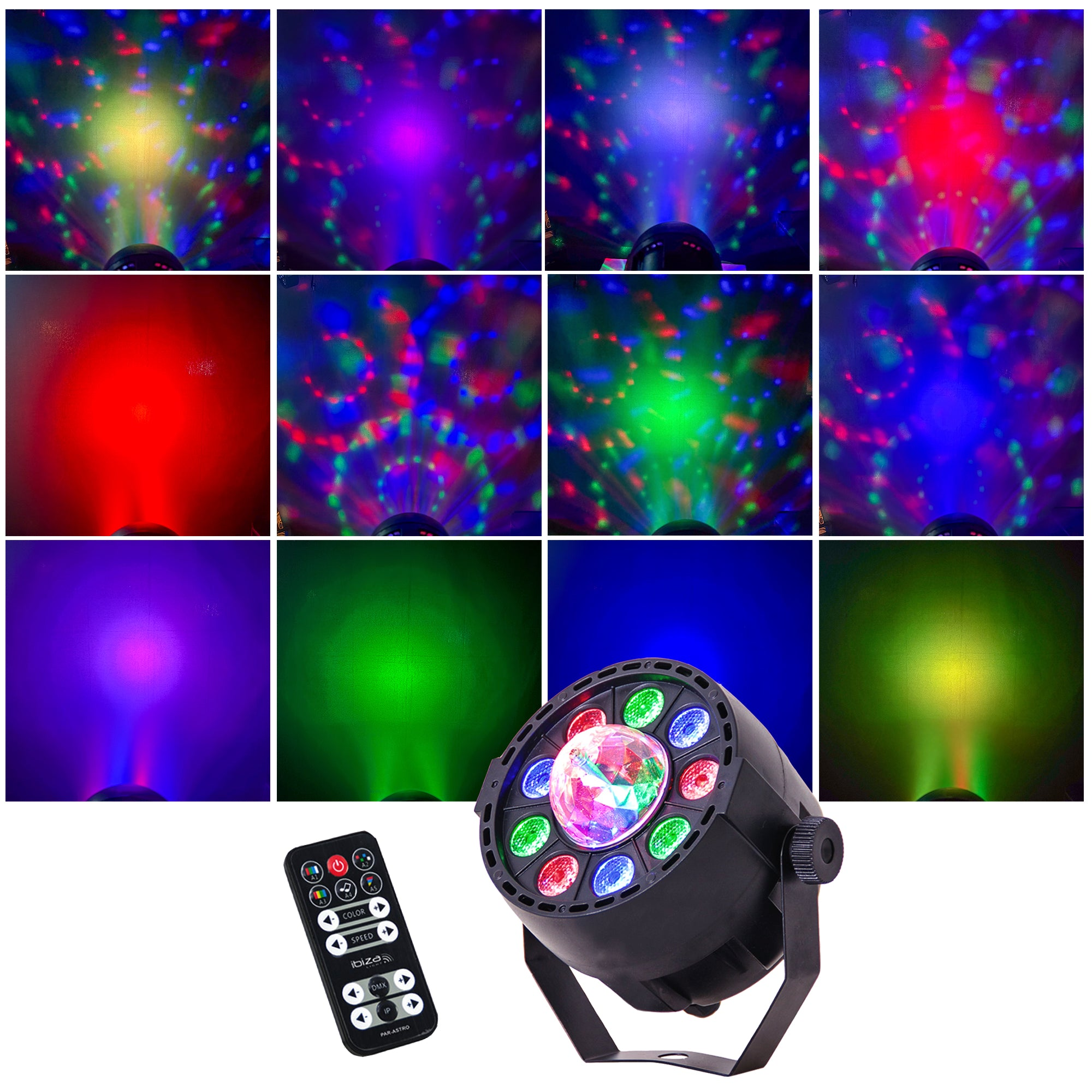 Bunte LED-Bühnenbeleuchtung mit Fernbedienung und verschiedenen Lichteffekten auf Wänden.