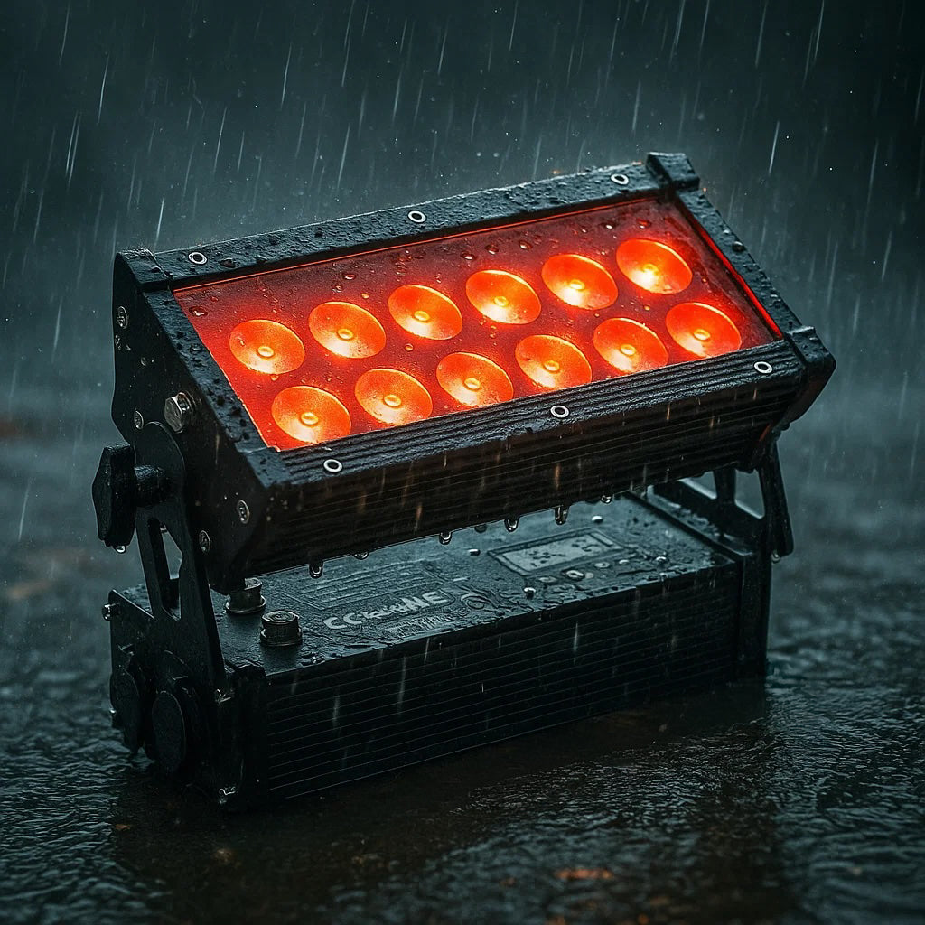 Ein rechteckiger schwarzer LED-Scheinwerfer leuchtet im Regen rot.