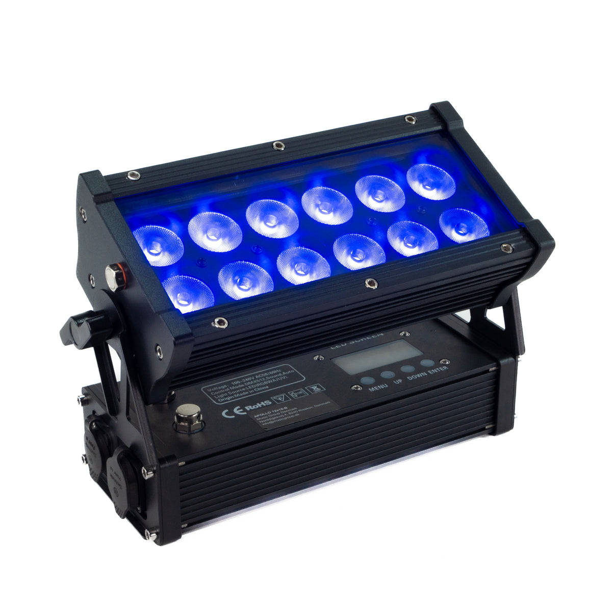 Ein schwarzer Scheinwerfer mit zwei Reihen blauer LED-Linsen, einem Bedienfeld und Metallbügel.