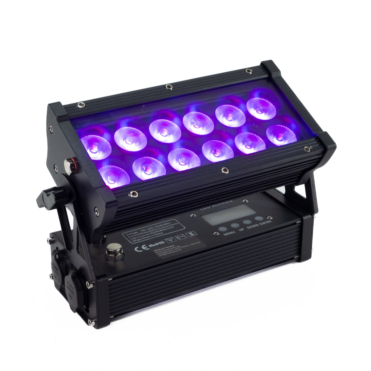Ein schwarzer LED-Bühnenscheinwerfer mit zehn violett leuchtenden Lampen auf einer weißen Oberfläche.