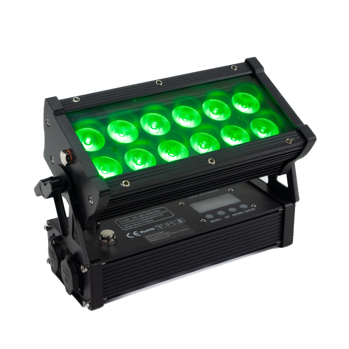 Ein schwarzer LED-Scheinwerfer mit zehn hell leuchtenden grünen LEDs auf einer weißen Hintergrundfläche.