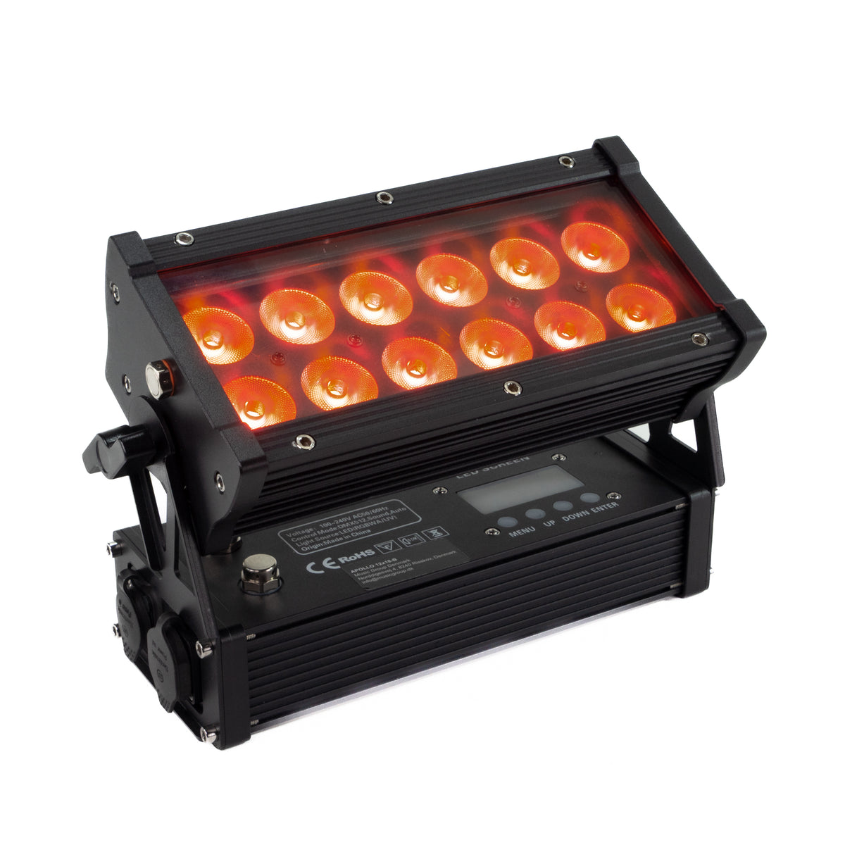Ein schwarzer LED-Scheinwerfer mit zehn leuchtenden orangen Linsen und einem Kontrollpanel auf weißem Hintergrund.