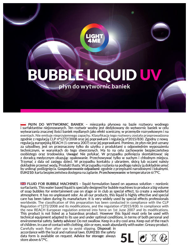 Produktverpackung für Bubble Liquid UV mit Text in polnischer und englischer Sprache und einem Füllvolumen von 5L.