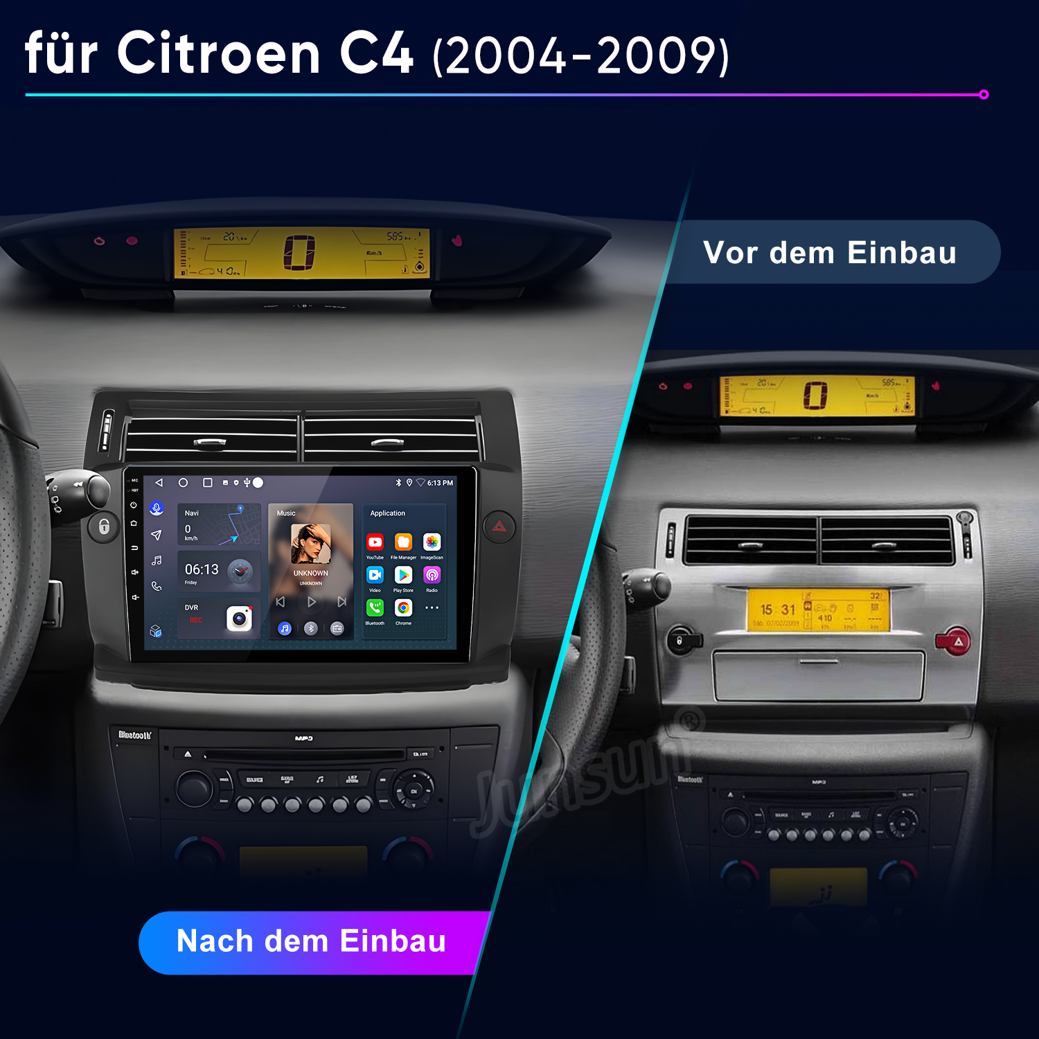 Confronto del cruscotto della Citroen C4 prima e dopo l'installazione di una moderna autoradio touchscreen.