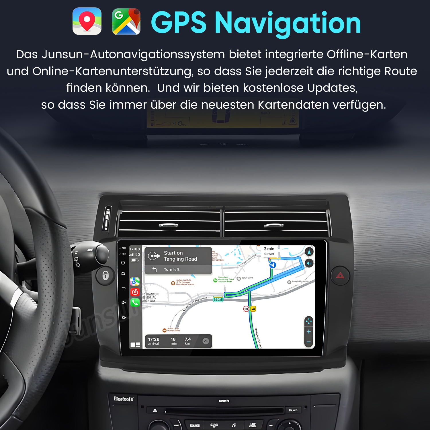 Un sistema di navigazione GPS con mappe offline e online installato in un'auto.