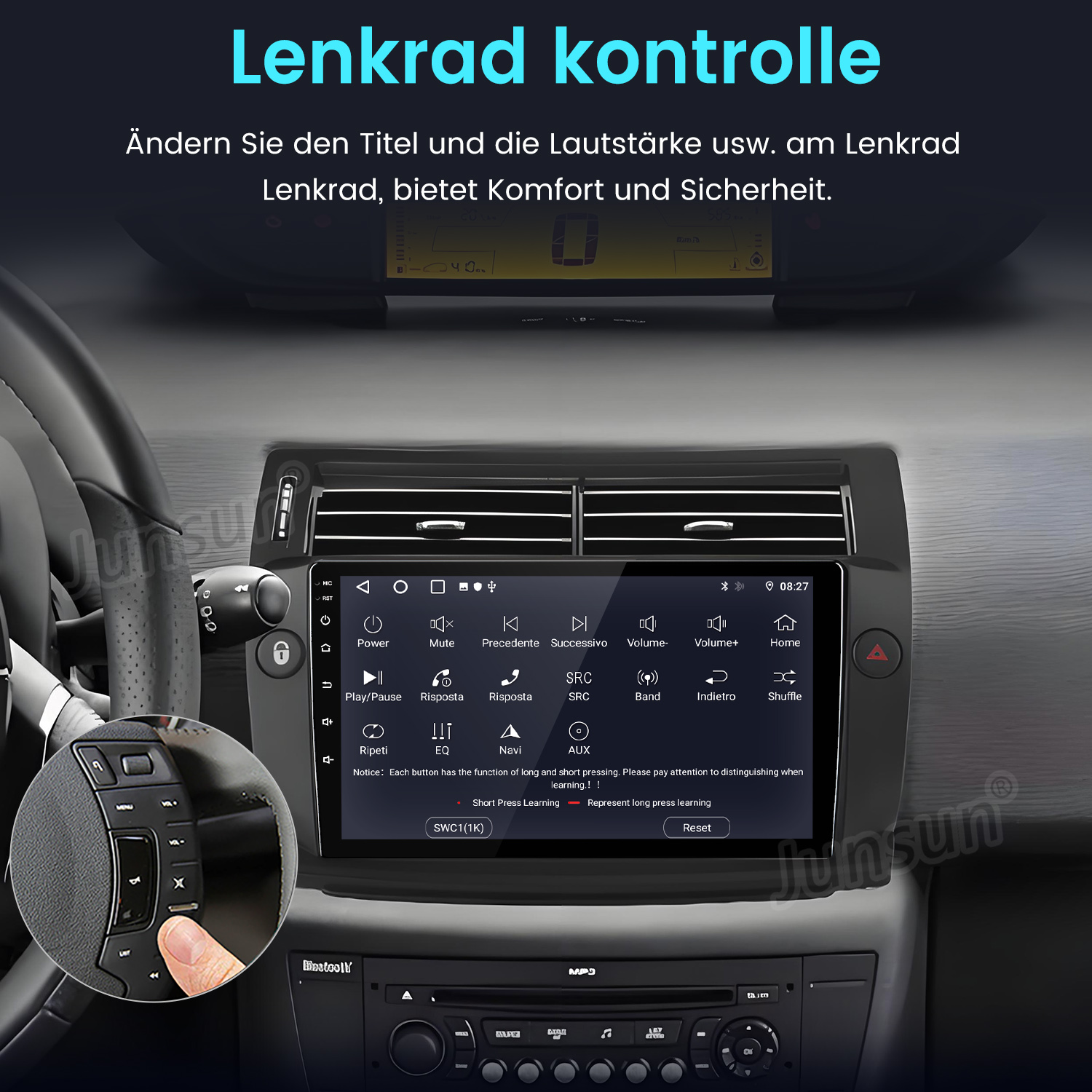 Interni auto con display multimediale touch screen e controllo al volante.