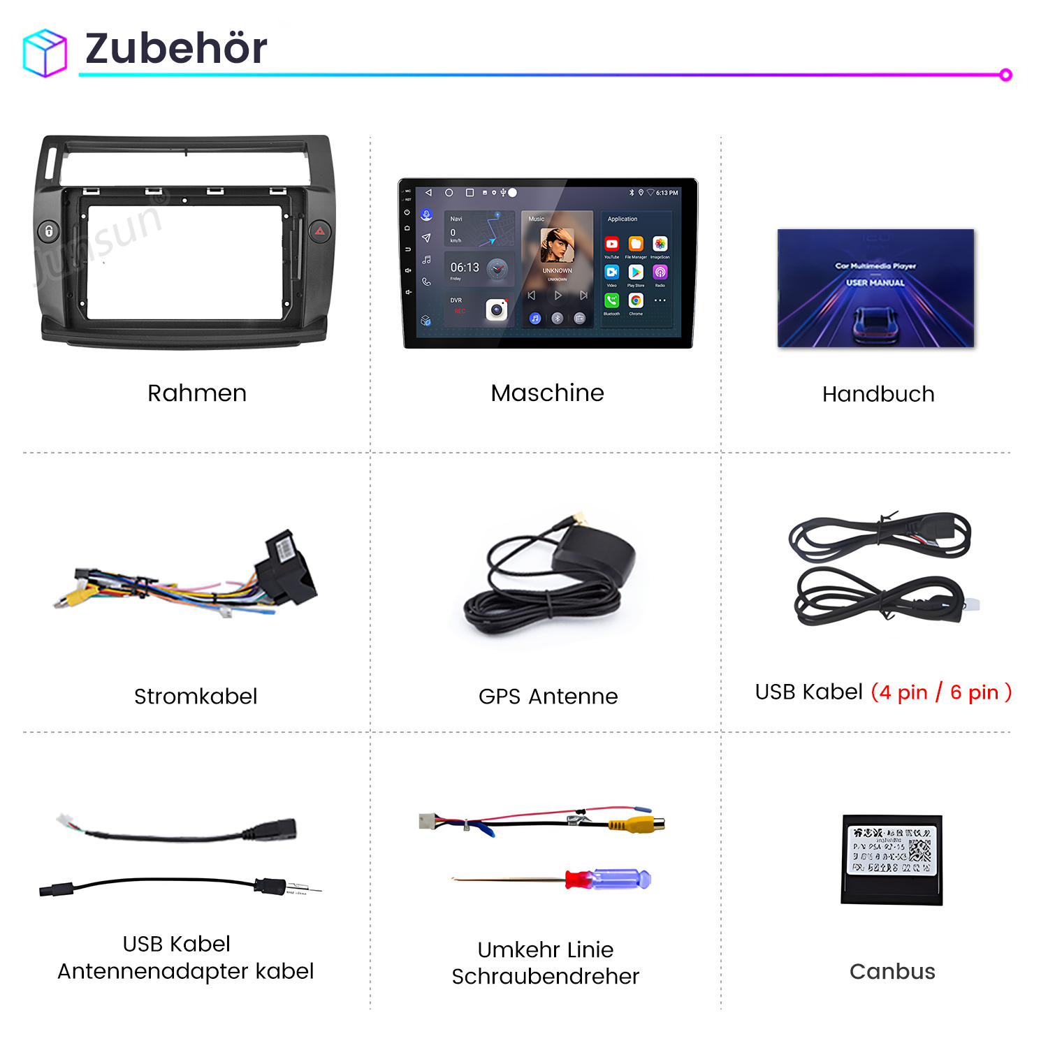 Panoramica di accessori auto come cornice, display, cavi, antenna GPS, manuale e attrezzi.