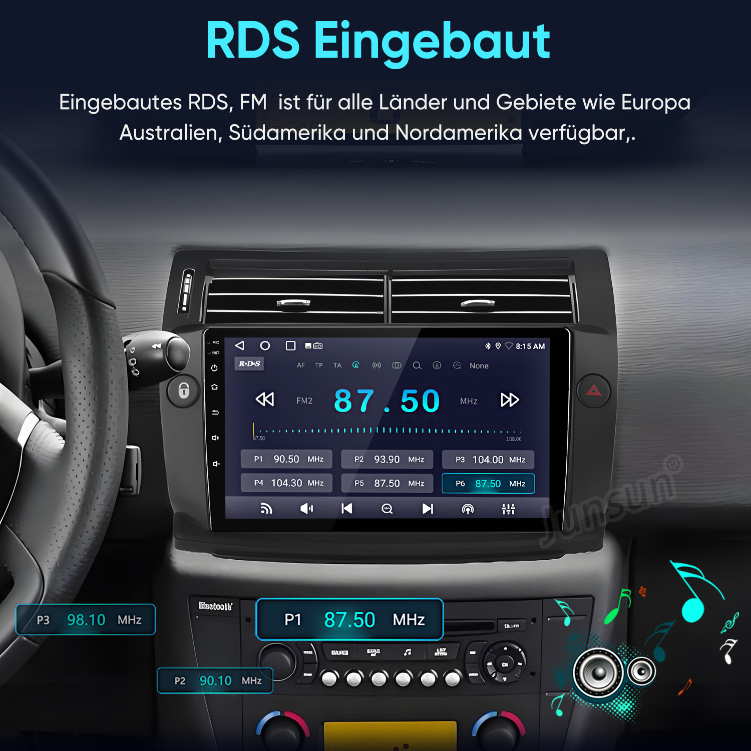 Autoradio con grande schermo touchscreen e RDS integrato sul cruscotto.