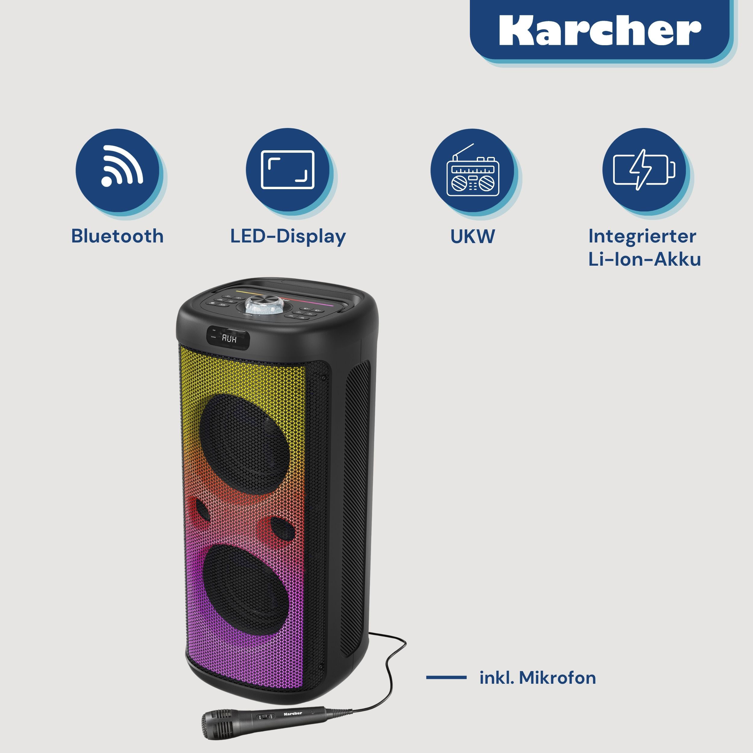 Schwarzer Karcher Bluetooth-Partylautsprecher mit bunten LED-Lichtern und Mikrofon.