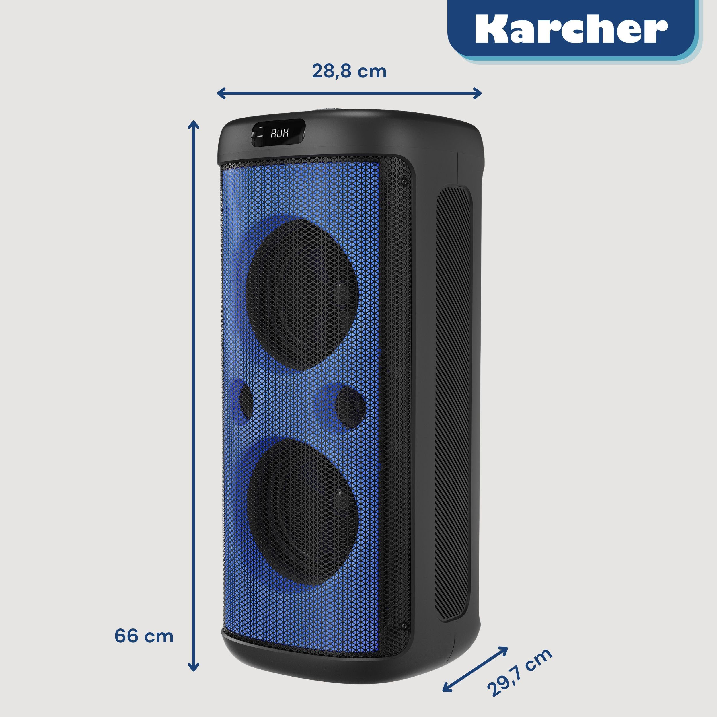 Schwarzer Karcher Bluetooth-Lautsprecher mit blauer Front und Maßen von 28,8 x 66 x 29,7 cm.