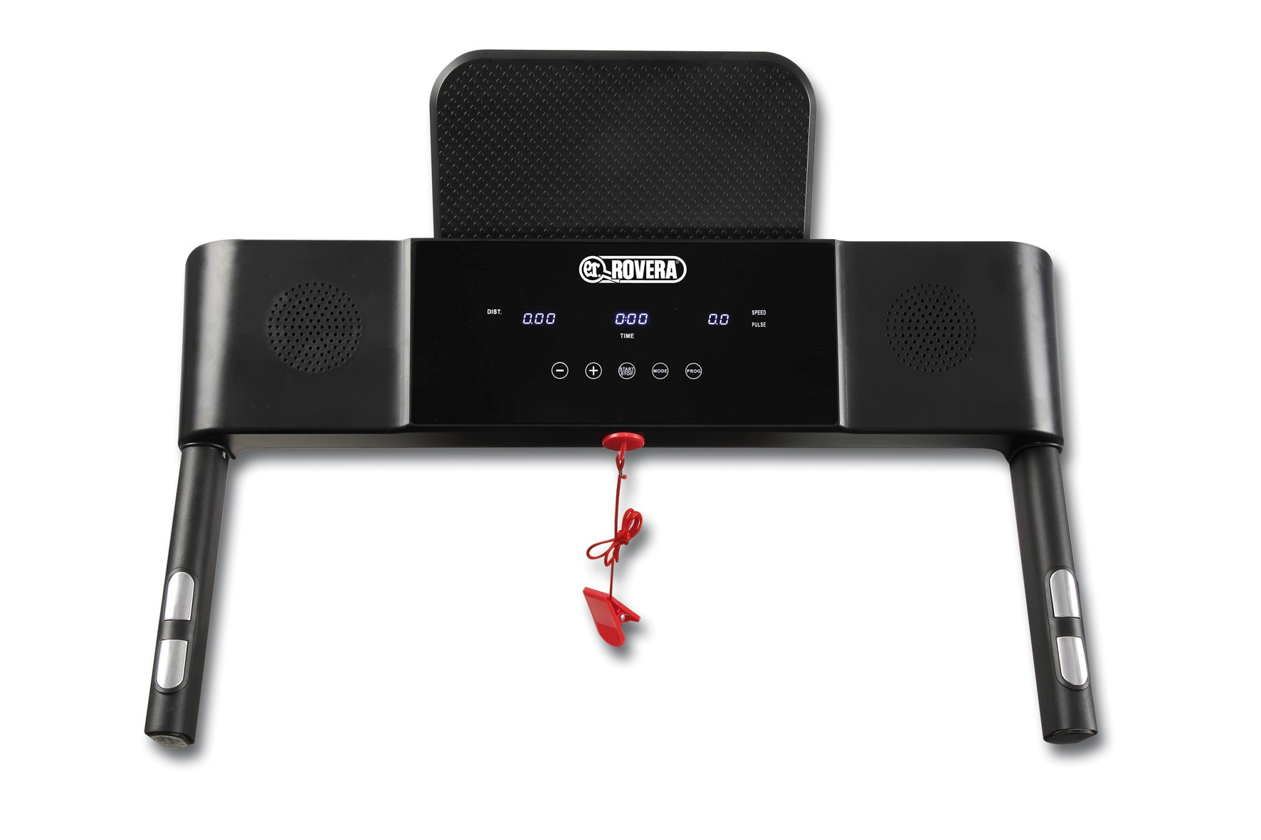 Pannello di controllo nero per tapis roulant con display digitale, altoparlanti e chiave di sicurezza rossa.